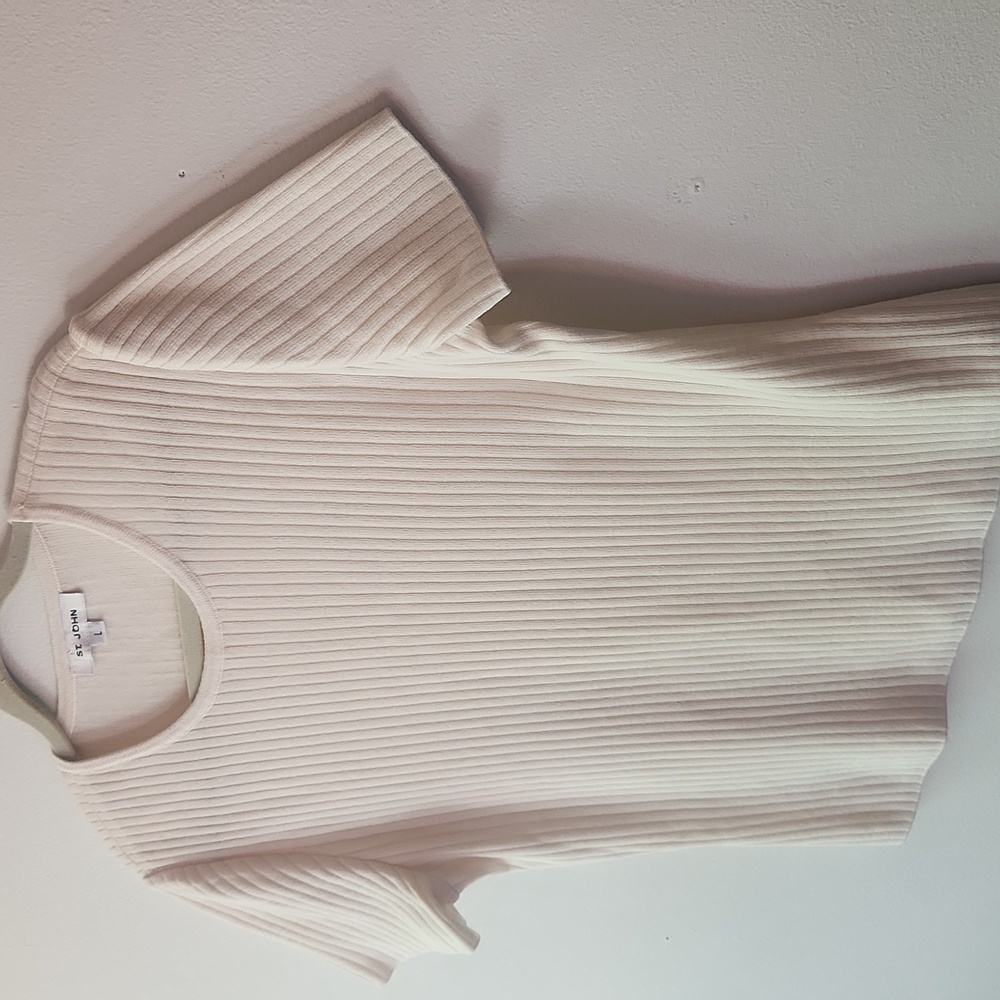 St. John Large Top Santana Knit Cream Ribbed Short Sleeve Office Minimal Capsule - Picture 5 of 10